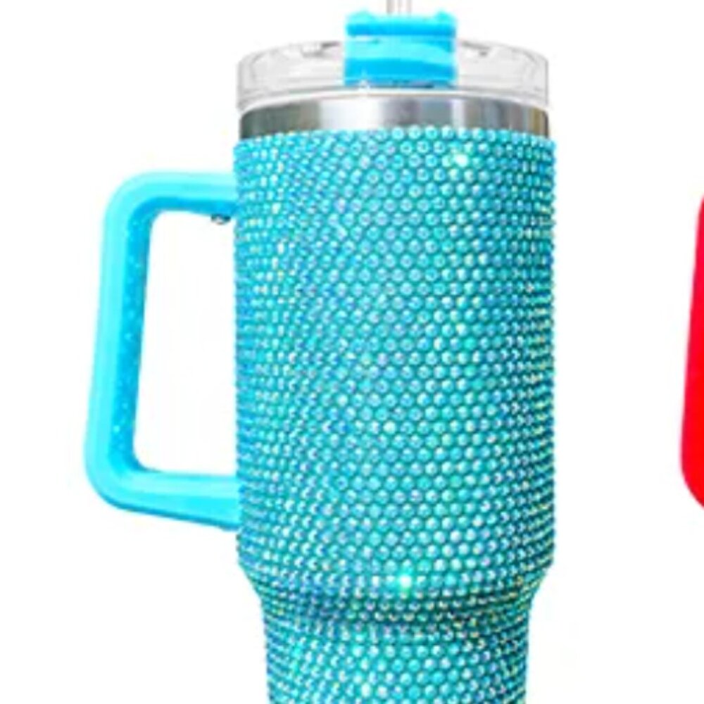 Rhinestone Glitter Bling 40oz tumbler w/Handle & Straw- Stainless Steel BLUE NIB